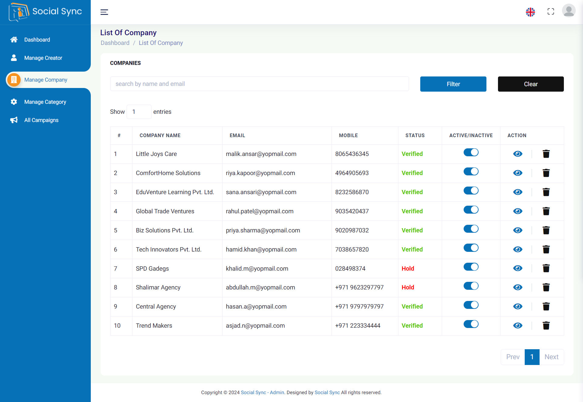 Social Sync — admin — List of Company