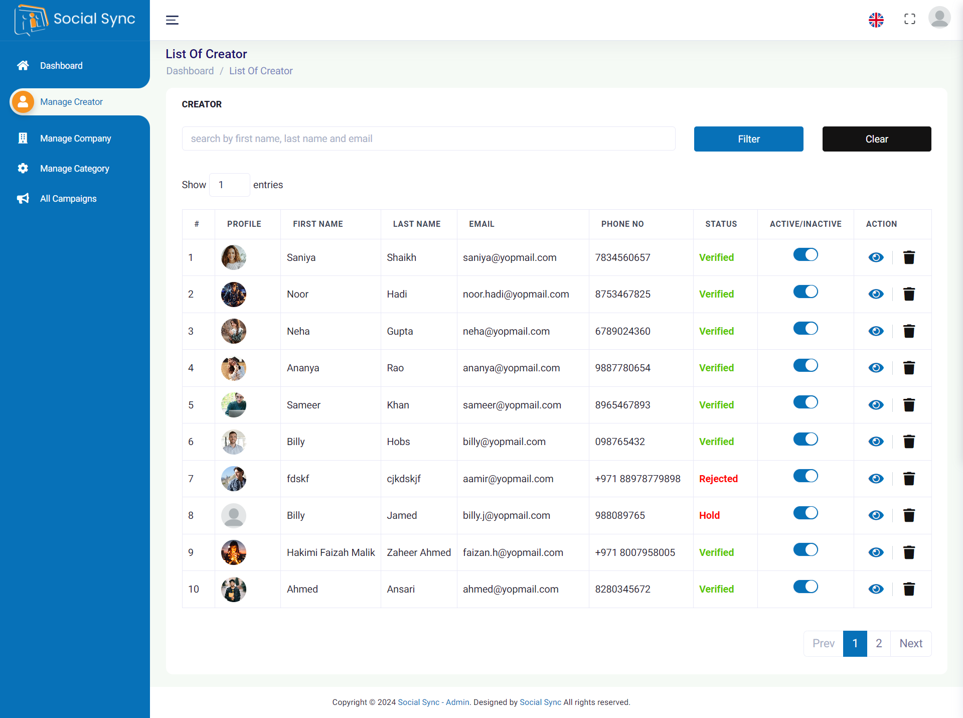 Social Sync — admin — List Of Creator