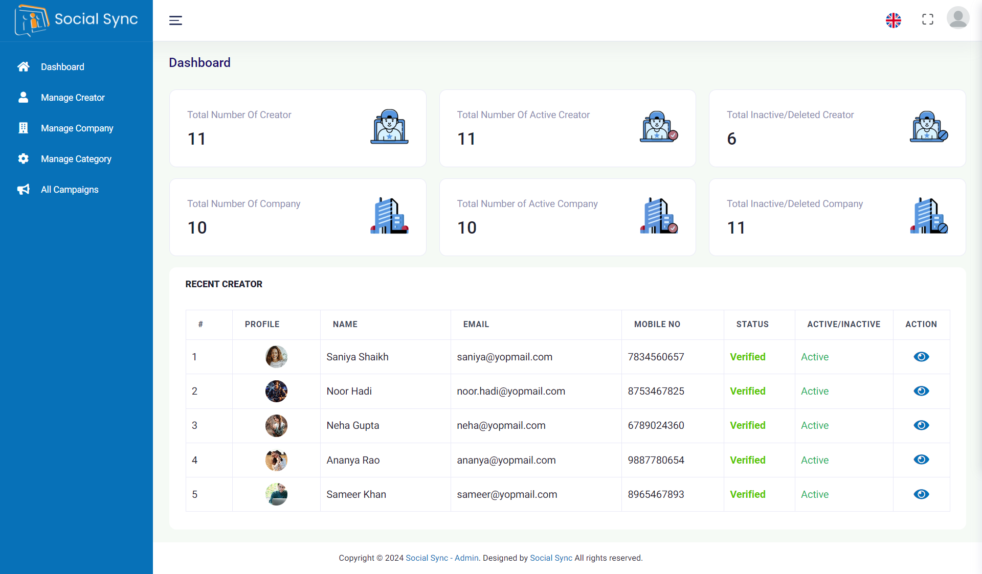 Social Sync — admin — Dashboard