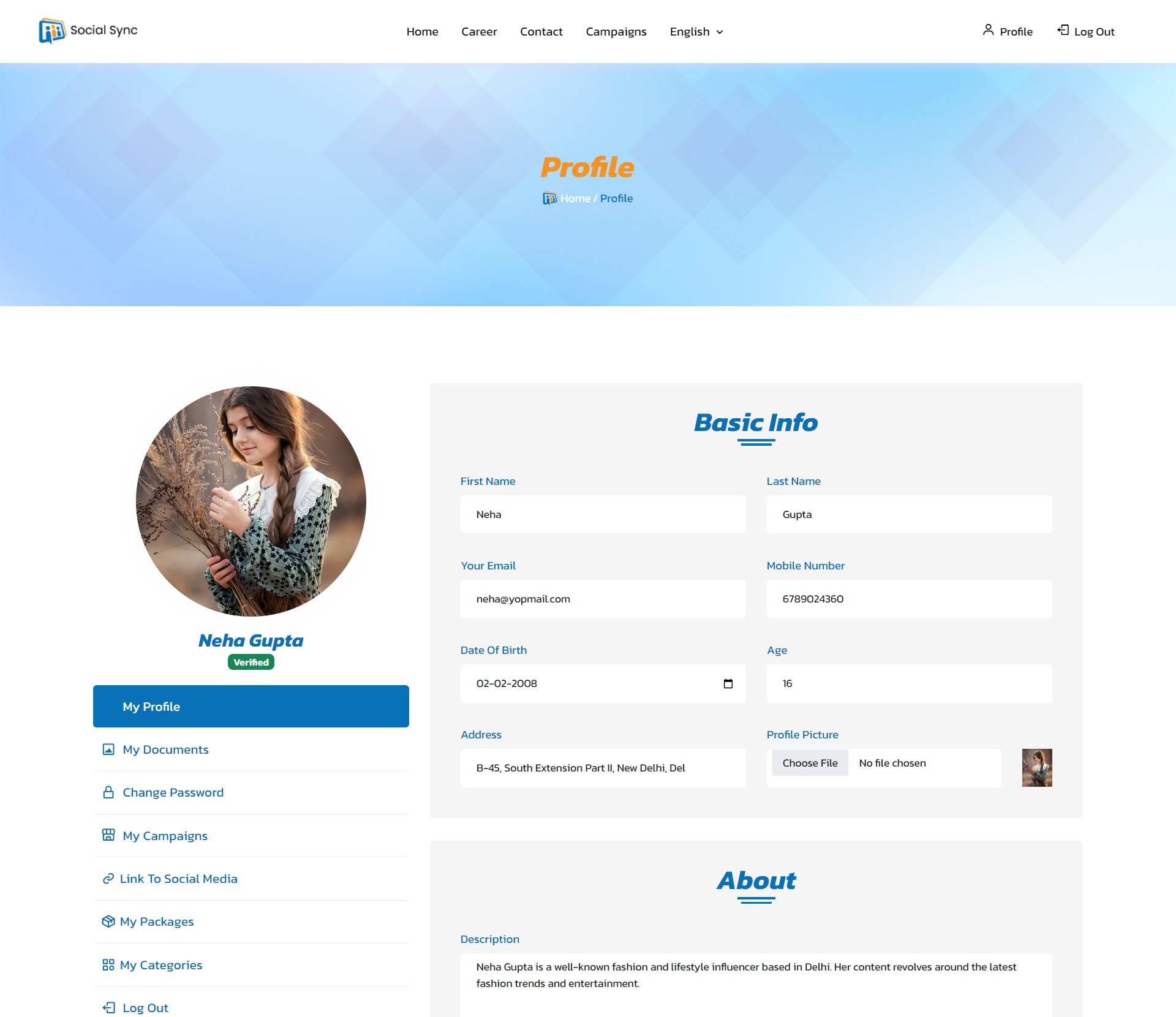 Social Sync — influencer — Basic Info