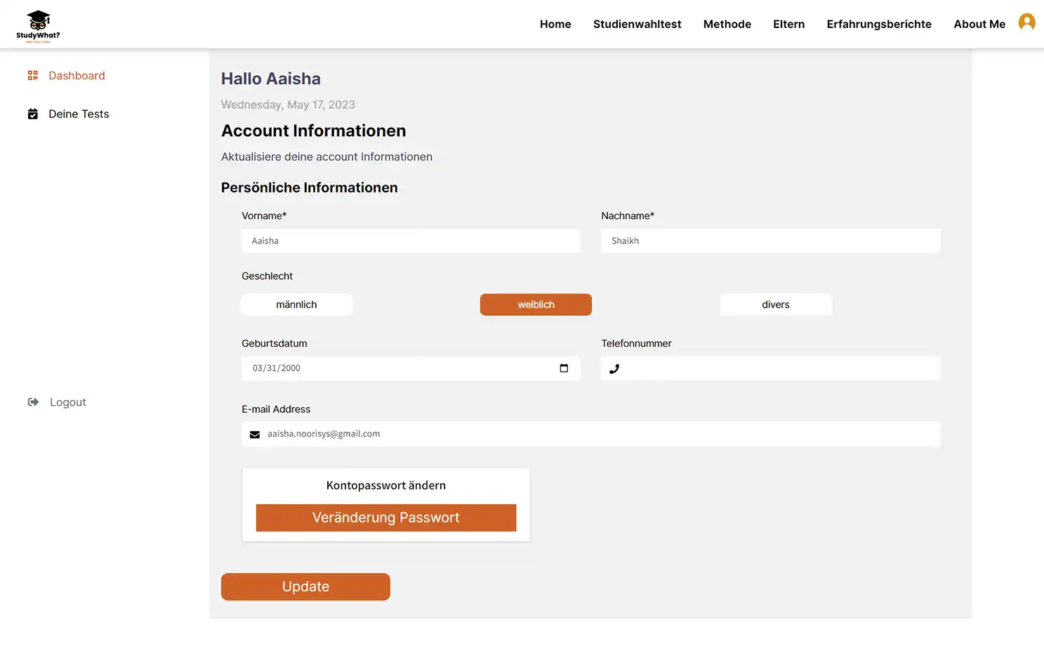Study Matching Platform app — Dashboard