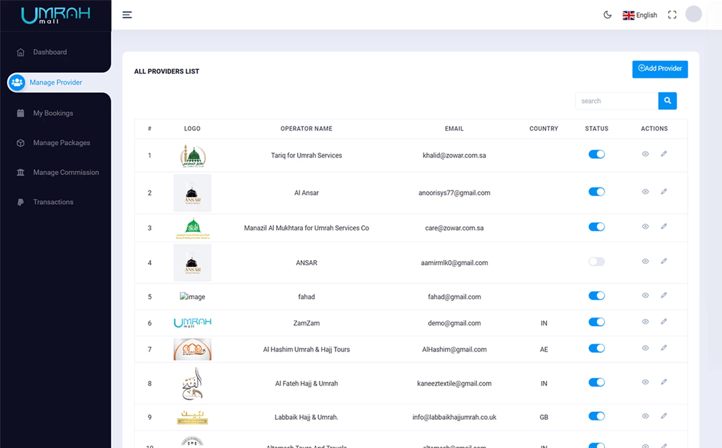 Umrah Plus — admin panel — Manage Provider