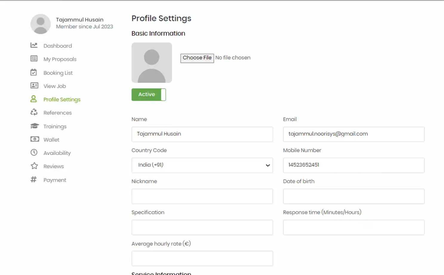Job Marketplace — service provider — Profile Settings