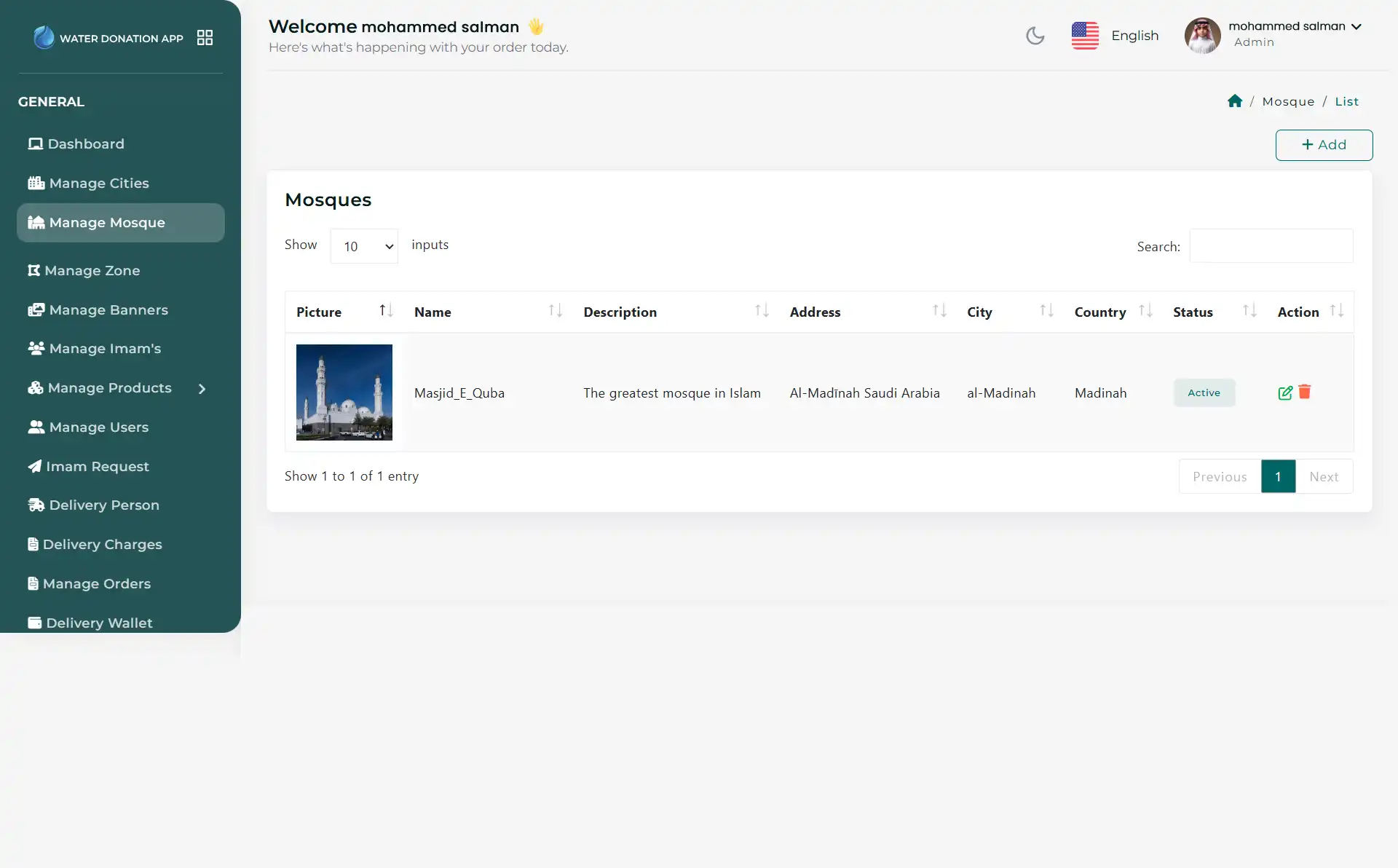 Water Donation admin panel - Manage Mosque