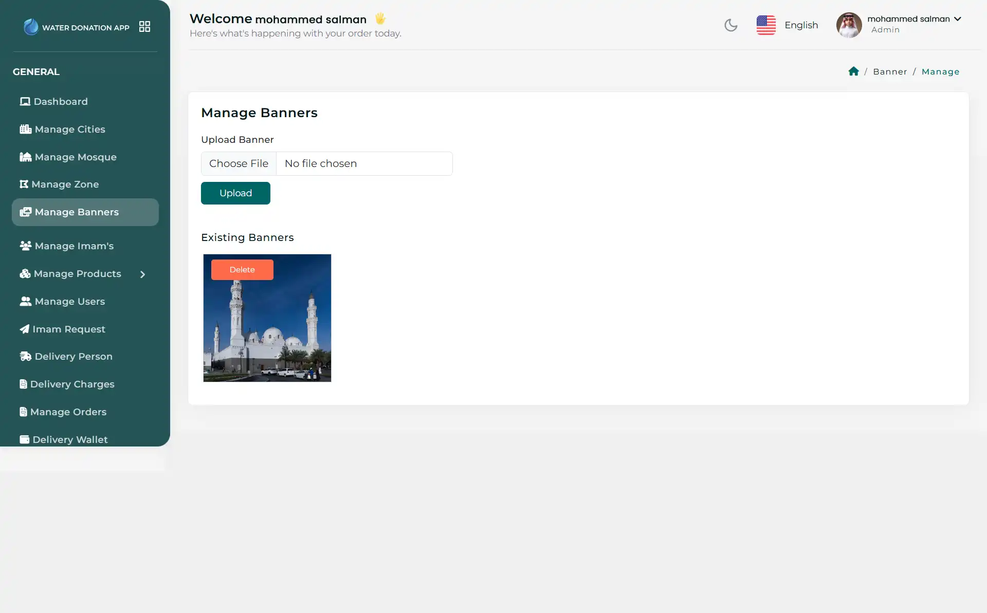 Water Donation admin panel - Manage Banners