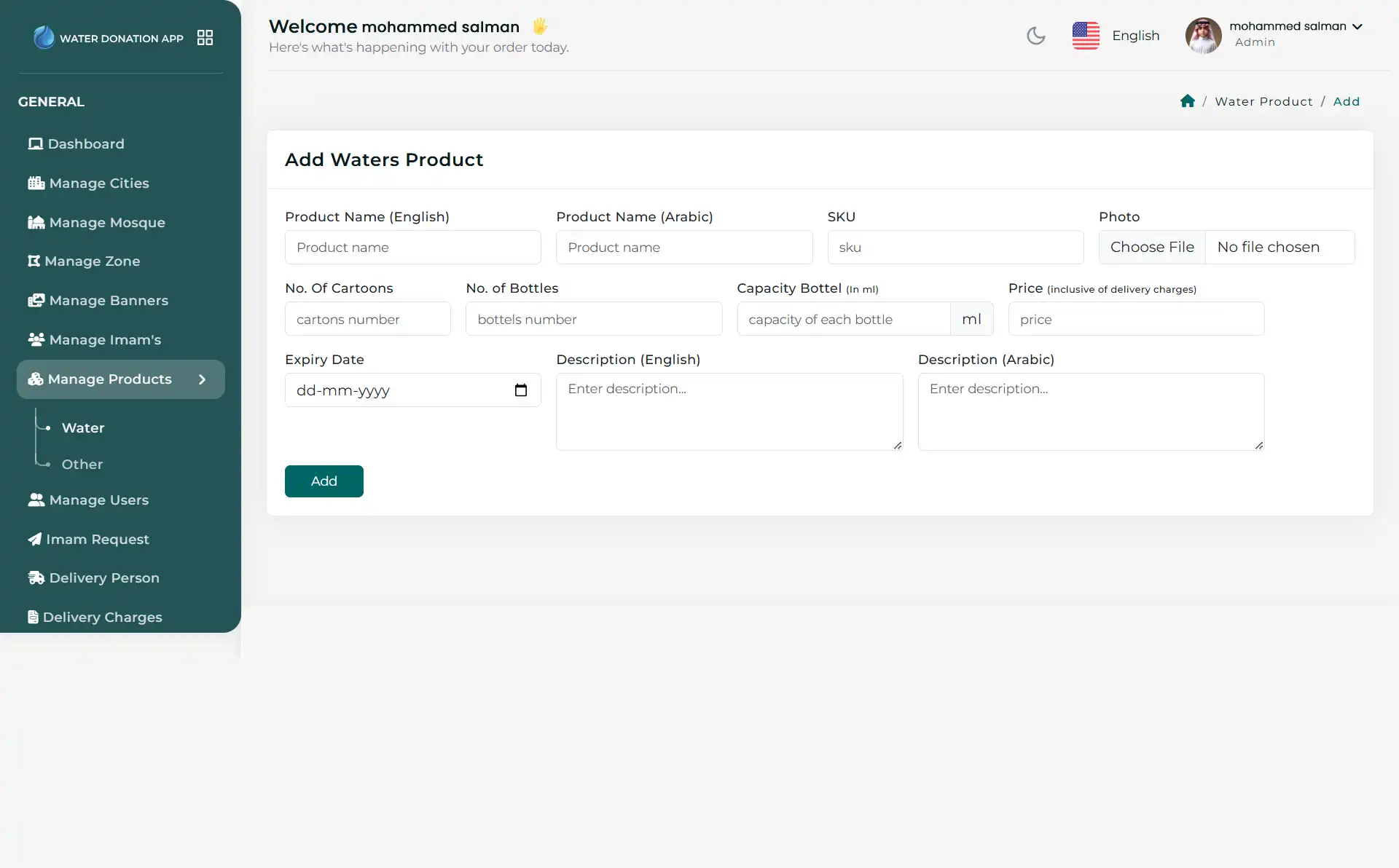 Water Donation admin panel - Add Water Products