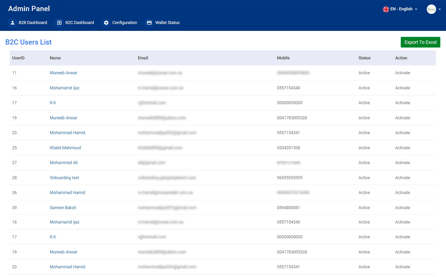 Hotel booking admin — B2C User List