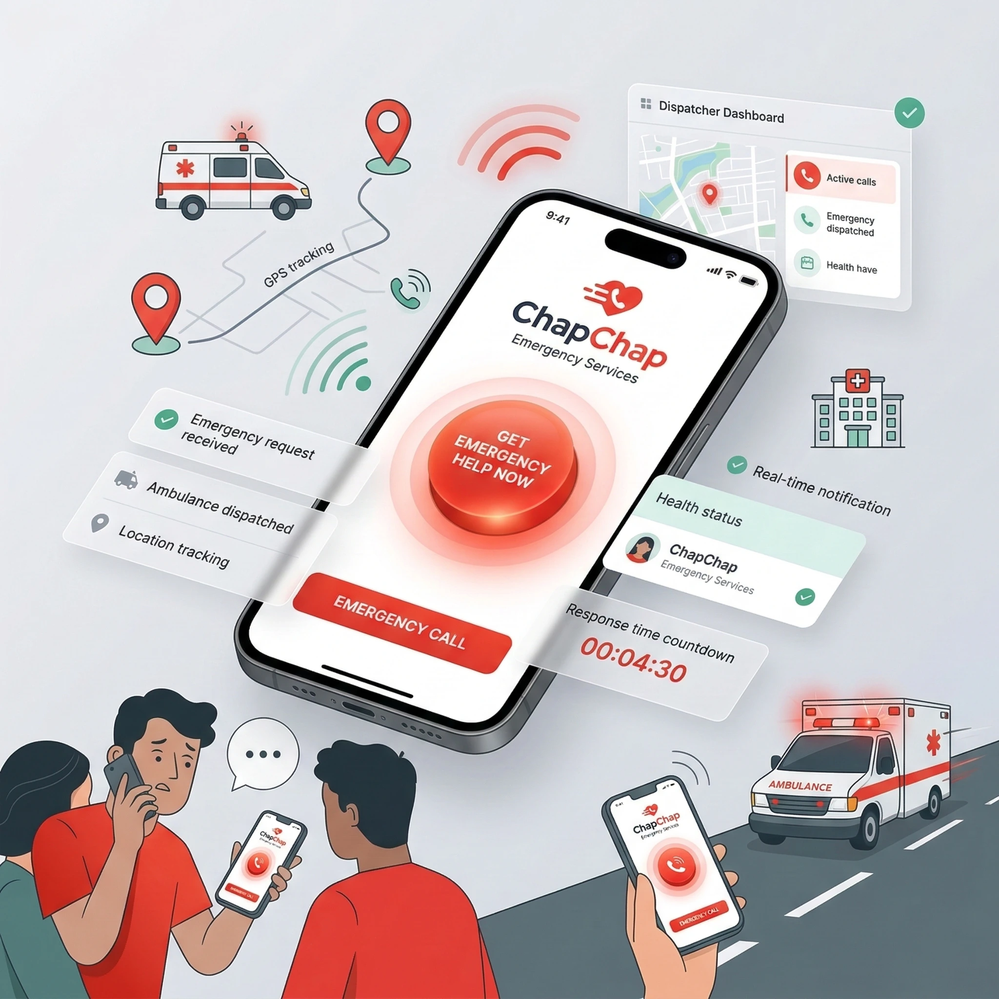 ChapChap – emergency response platform illustration showing real-time emergency request system